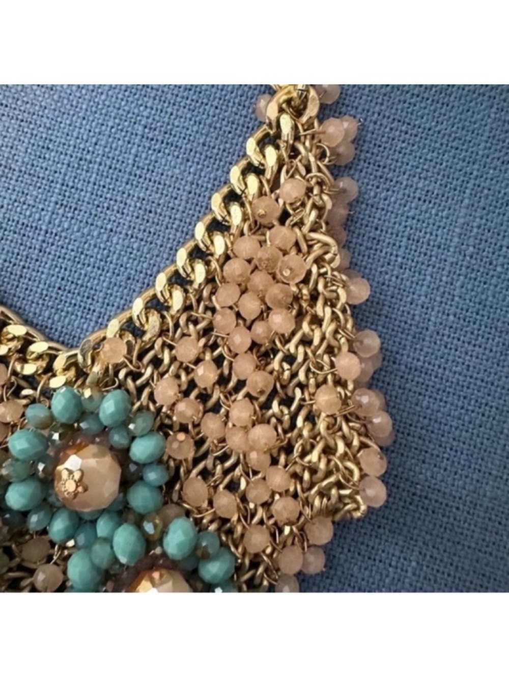 Gold Statement Necklace with Turquoise and Blush Pink Color Beads - Picture 6 of 12